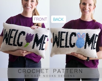 Spring Easter Welcome Pillow Crochet Pattern, Easter Crochet Pattern, Spring Crochet Pattern, Crochet Pillow, Bunny Pillow, Flower Pillow