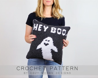 Hey Boo Ghost Pillow Crochet Pattern - Halloween Home Decor (PDF Pattern)