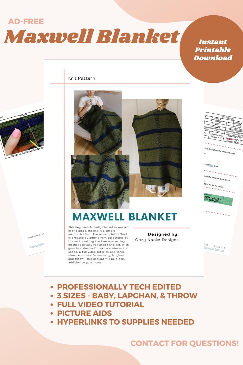 Matwell Pattern Beginner Knit Plaid Pattern: Maxwell Blanket, Baby + Throw Sizes (PDF ...