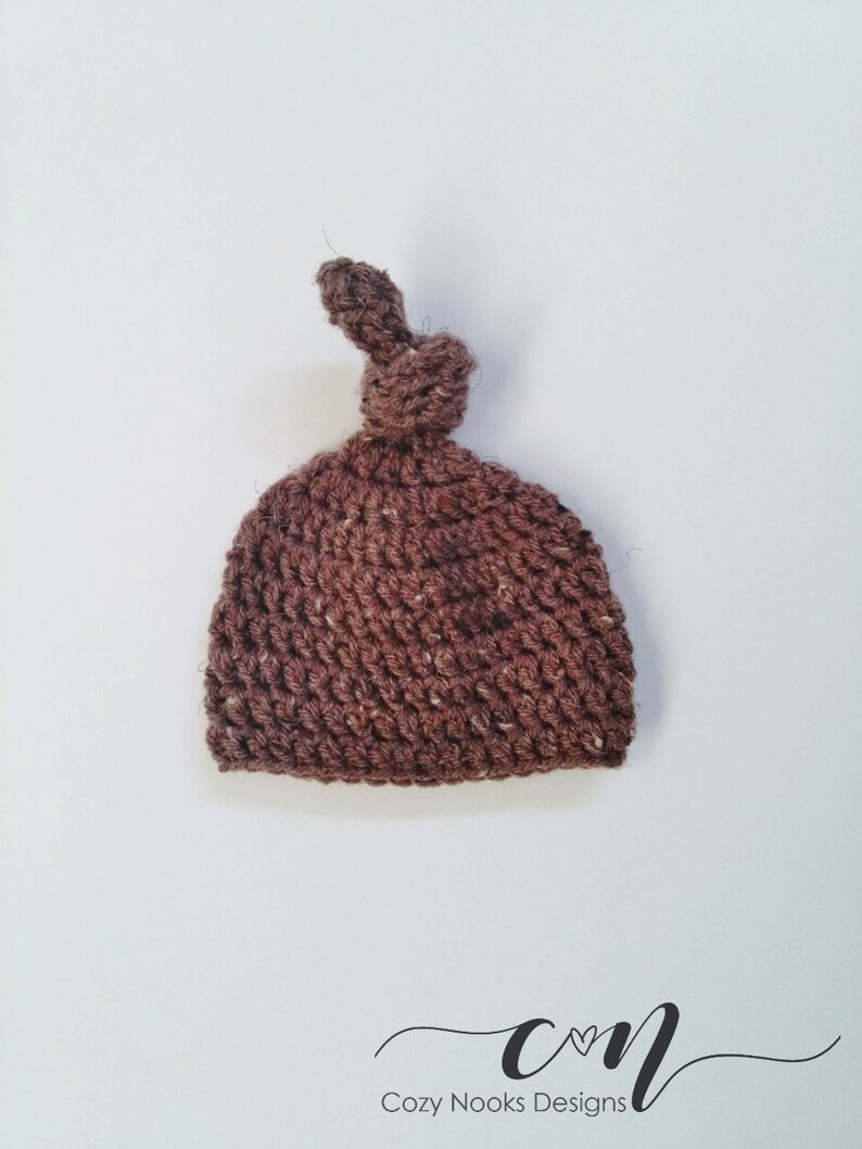 Quick Newborn Knot Hat crochet pattern listing photo by CozyNooksDesigns