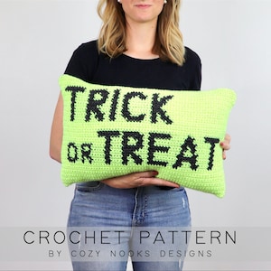 Crochet Pattern Trick or Treat Pillow, Halloween Crochet Pattern, Pillow Crochet Pattern, Crochet Pillow, Beginner Crochet, Halloween