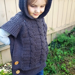 Hooded Pullover, Sweater Crochet Pattern, Crochet Pattern Girl, Fall, Toddler Sweater Pattern, Child, Preschooler, Children, Wood Button image 6