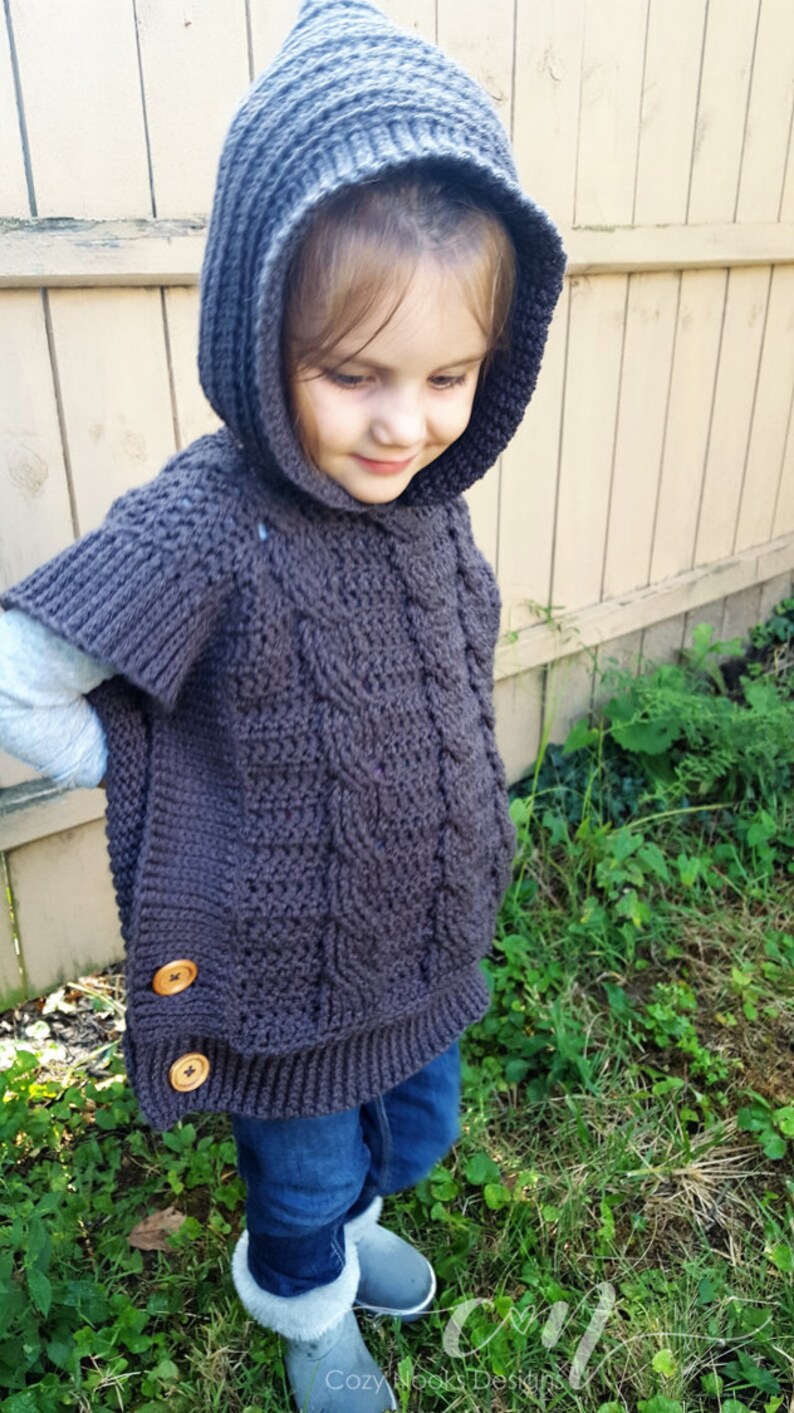 Hooded Pullover, Sweater Crochet Pattern, Crochet Pattern Girl, Fall, Toddler Sweater Pattern, Child, Preschooler, Children, Wood Button image 6