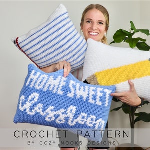 Back to School Pillow Set Crochet Pattern, Teacher Crochet Pattern, Classroom Decor, Teacher Gift, Teacher Appreciation, Classroom Gift