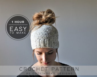 Snel patroon rommelig knotmutsje, patroon rommelige knot beanie, patroon paardenstaartmuts, haken, hoeden voor paardenstaart, hoedenpatroon, rommelig knotje