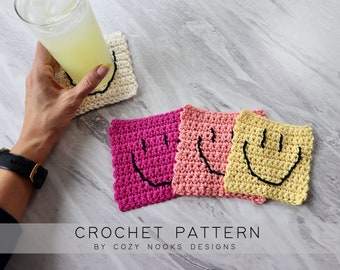 Beginner Smiley Face Coaster, Beginner Crochet Pattern, Crochet Craft Fair Patterns, Summer Crochet, Crochet Coster, Stash Busting