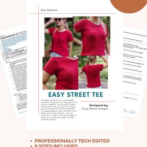 Może przedstawiać: Cyfrowe pobranie wzoru na drutach "Easy Street Tee". Obraz przedstawia czerwoną dzianinową g&oacute;rę, z kilkoma widokami gotowego ubrania. Wz&oacute;r zawiera 9 rozmiar&oacute;w i jest profesjonalnie edytowany technicznie.