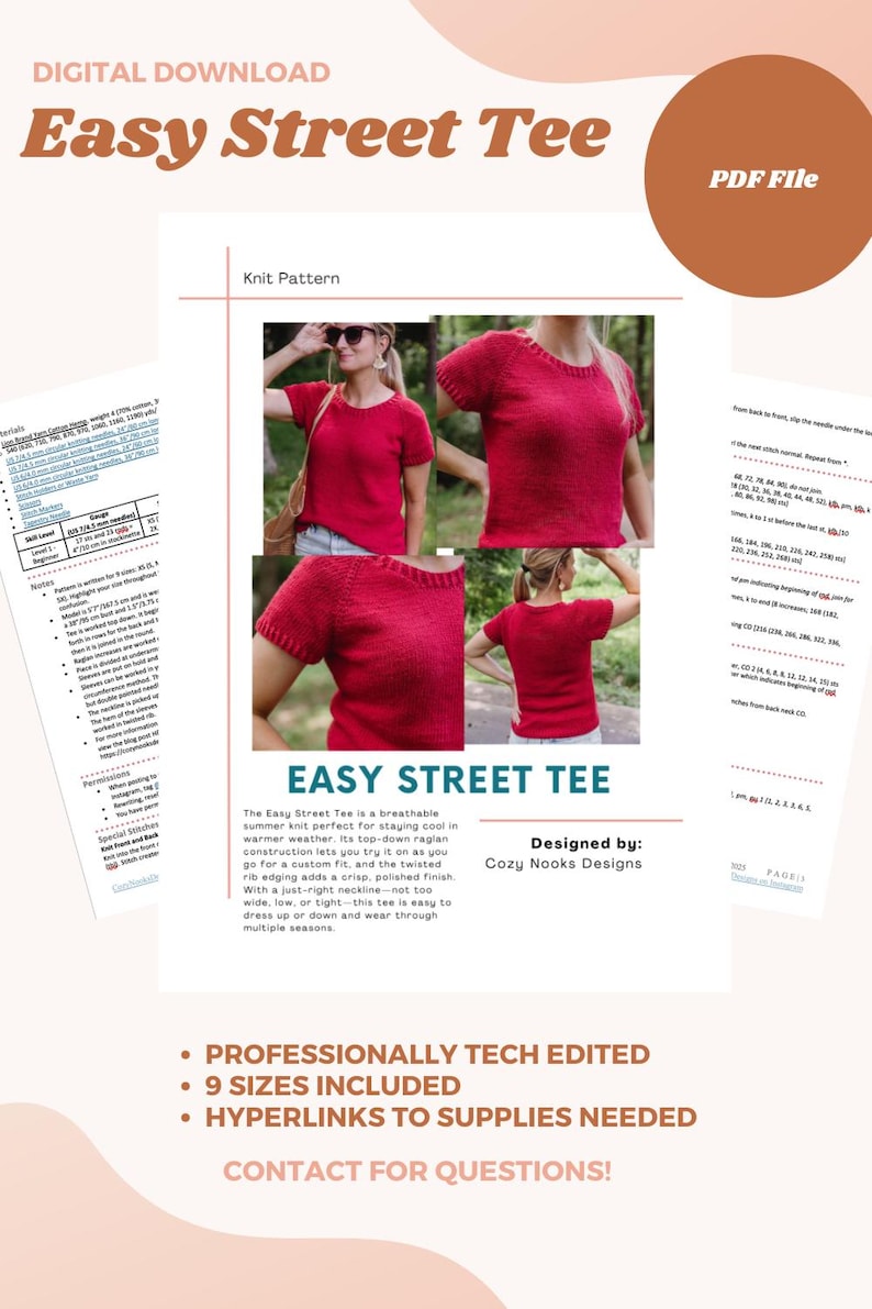 Może przedstawiać: Cyfrowe pobranie wzoru na drutach "Easy Street Tee". Obraz przedstawia czerwoną dzianinową g&oacute;rę, z kilkoma widokami gotowego ubrania. Wz&oacute;r zawiera 9 rozmiar&oacute;w i jest profesjonalnie edytowany technicznie.