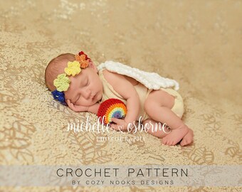 Crochet Rainbow Baby Pattern, Rainbow Baby Photo Prop Pattern, Angel Wings and Rainbow Flower Band Pattern, Rainbow Rattle Pattern