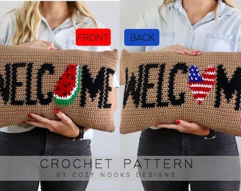 Summer Independence Welcome Pillow Crochet Pattern, USA Crochet Pattern, Summer Crochet Pattern, Crochet Pillow, Watermelon Pillow