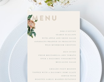 Modern Botanical Rose Floral Wedding Menu // 4x9 DIY DIGITAL Menu // Wedding Menu, Whimsical Wedding, Modern Wedding