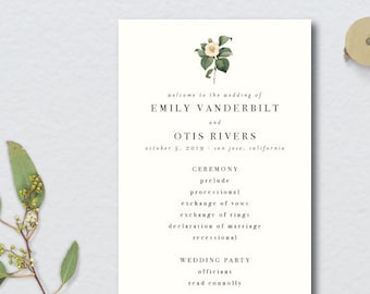 Minimal Vintage Botanical Wedding Program // 4x11 // DIY DIGITAL FILE Wedding Program // Day Of Wedding, Wedding Timeline