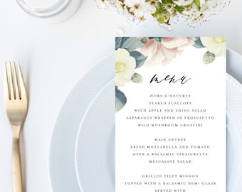 Elegant Vintage Floral Botanical Wedding Menu // 4x9 DIY DIGITAL Menu // Wedding Menu, Whimsical Wedding, Modern Wedding