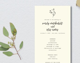 Vintage Botanical Sketch Wedding Program // 4x11 // DIY DIGITAL File // Day Of Wedding, Wedding Timeline
