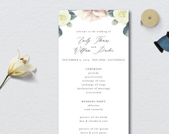 Chic Vintage Botanical Wedding Program // 4x11 // DIY DIGITAL File Program // Day Of Wedding, Wedding Timeline