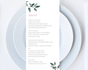 Modern Eucalyptus Botanical Wedding Menu // 4x9 DIY DIGITAL Menu // Wedding Menu, Whimsical Wedding, Modern Wedding