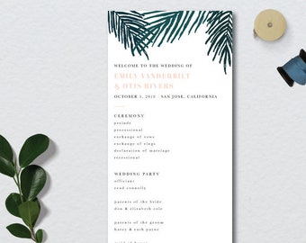 Tropical Leaves Wedding Program // 4x11 // DIY DIGITAL File Program // Day Of Wedding, Wedding Timeline