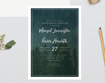 Moody Green Forest Rehearsal Dinner Invitation // 5x7 PRINTED Set of 10 Cards + Envelopes // Rehearsal Dinner