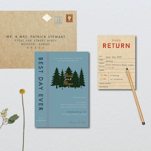 Wes Anderson Forest Library Wedding Suite // DIY PRINTABLE Invite RSVP // Modern Wedding, Forest Wedding, Camp Wedding, Library Wedding image 1