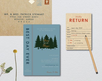 Wes Anderson Forest Library Wedding Suite // DIY PRINTABLE Invite + RSVP // Modern Wedding, Forest Wedding, Camp Wedding, Library Wedding