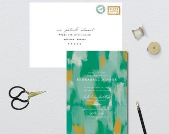 Abstract Painted Green Rehearsal Dinner Invitation // 5x7 PRINTED Set of 10 Cards + Envelopes // Rehearsal Dinner