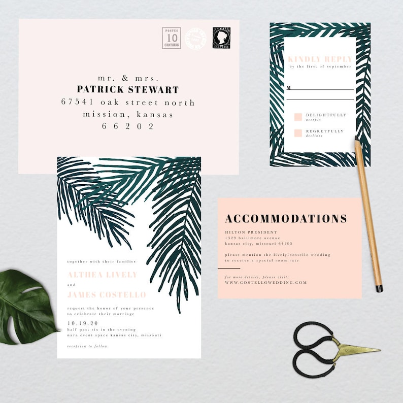 Tropical Leaves Wedding Suite DIY PRINTABLE Invite RSVP Botanical Wedding