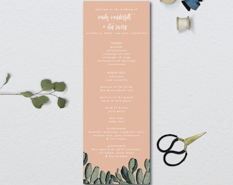 Vintage Peach Cactus Wedding Program // 4x11 // DIY DIGITAL File Program // Day Of Wedding, Wedding Timeline