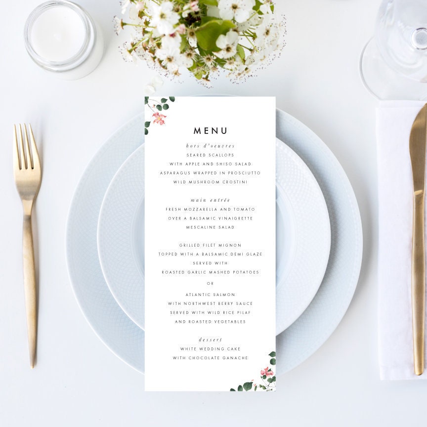 Modern Delicate Floral Wedding Menu // 4x9 DOWN PAYMENT Towards Printed ...