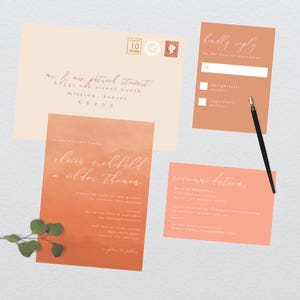 Koraal aquarel Ombre bruiloft Suite / / DIY afdrukbare Invite + RSVP / / moderne bruiloft