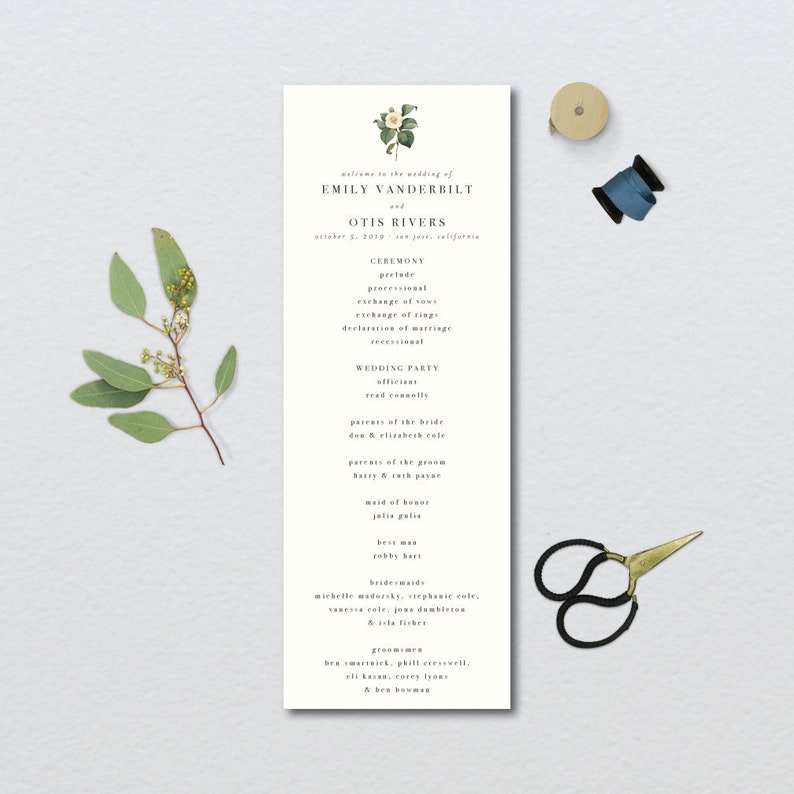 Minimal Vintage Botanical Wedding Program // 4x11 // DOWN PAYMENT towards Printed Programs // Day Of Wedding, Wedding Timeline image 1