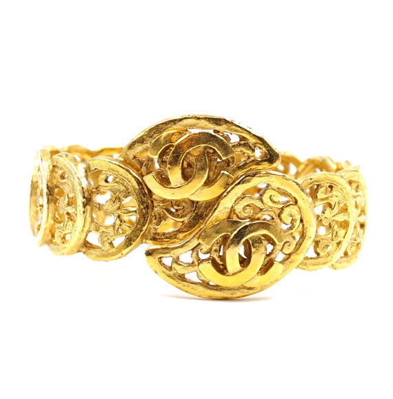 Chanel Gold Rare Cc Cutout Wide Cuff Bangle Bracel