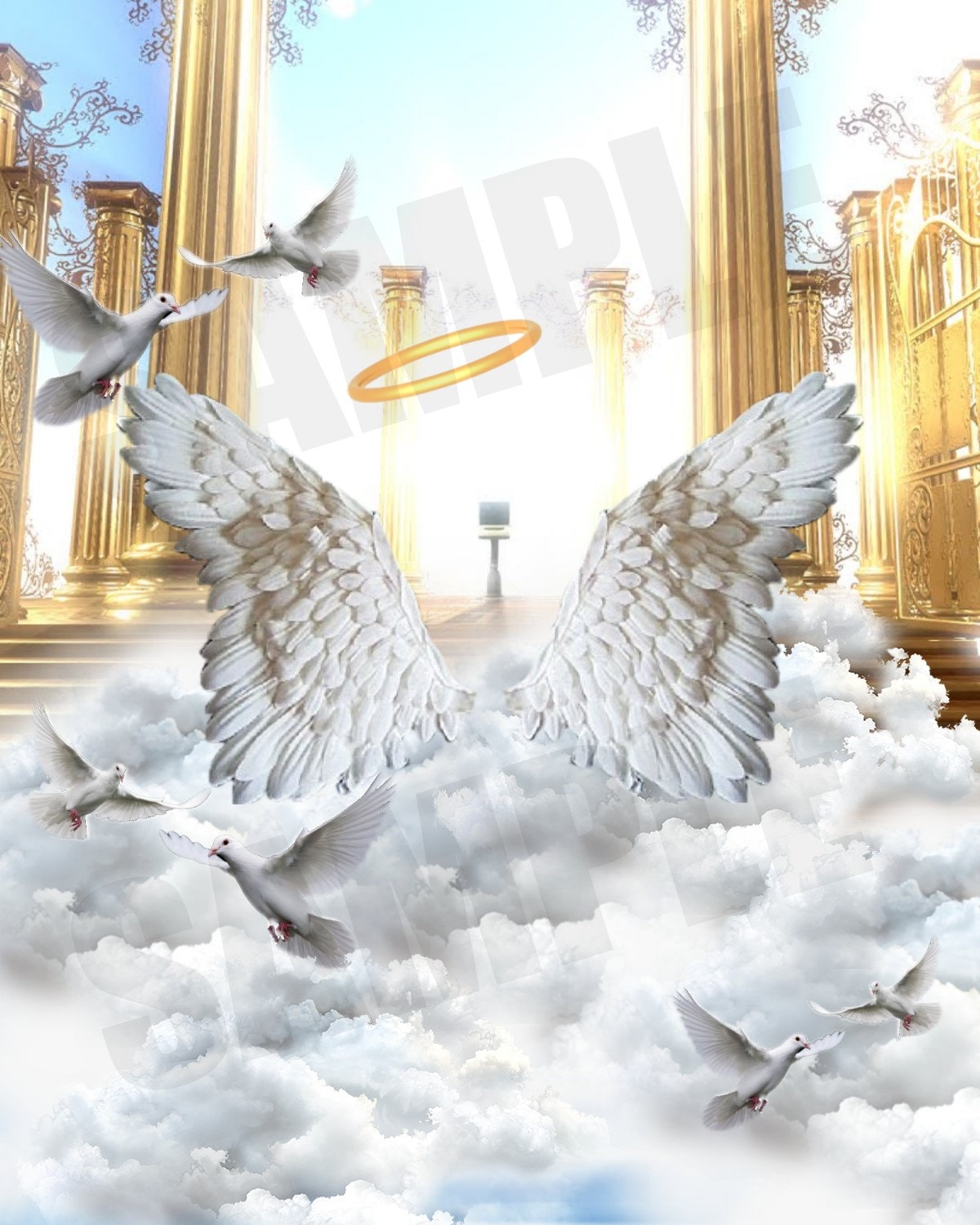 Gold Angels Wings White Clouds Memorial Background Heaven Backdrop