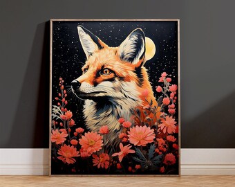 Mystical Fox at Night Print, Celestial Floral Dark Wall Art