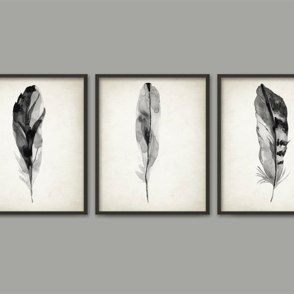Gray Feather Print Set Of 3 - Watercolor Feathers Wall Art Print - Modern Home Decor - Bird Feather Poster - Watercolour Painting Art Set