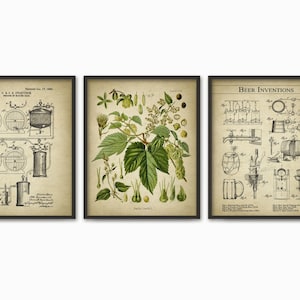 Beer Brewing Wall Art Print Set of 3 - Beer Making Wall Art - Beer Brewing Patent - Hops Humulus Hop Plant - Beer Making Inventions Art Set