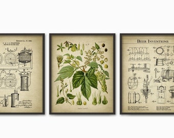 Beer Brewing Wall Art Print Set of 3 - Beer Making Wall Art - Beer Brewing Patent - Hops Humulus Hop Plant - Beer Making Inventions Art Set