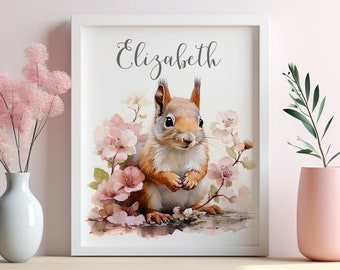Personalised Baby Squirrel Print, Custom Nursery Art, Woodland Animal, Floral Kids Room Decor