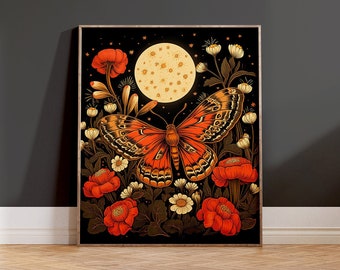 Mystical Butterfly Moon and Flowers Print, Celestial Floral Dark Wall Art