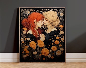 Two Girls LGBTQ+ Lesbian Art, Girlfriends and Flowers Mystical Print, Celestial Floral Dark Wall Art