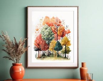 Colourful Autumn Trees Print, Fall Abstract Wall Art