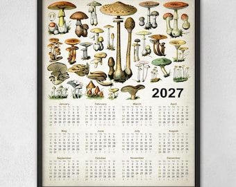 Mushroom Calendar 2027, Wild Mushroom Wall Calendar, Fungi Rustic Kitchen Cooking Decor, Vintage Botanical Illustration