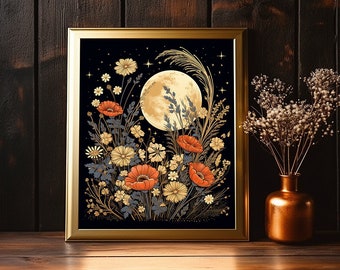 Mystical Moon and Flowers Print, Celestial Floral Dark Wall Art