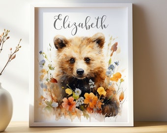 Personalised Baby Bear Print, Custom Bear Cub Nursery Art, Woodland Animal, Floral Kids Room Decor