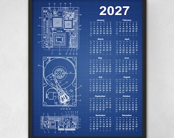 Computer Geek Calendar 2027, IT Room Poster, Geeky Home Decor, IT Student Dorm Room Wall Art, Hard Drive Motherboard CPU Patent Prints