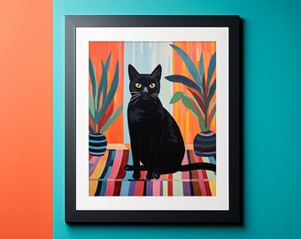 Black Cat Print, Cat on a Stripy Rug with Houseplants Wall Art
