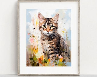 Tabby Cat Print, Cat in the Grass Painting, Modern Wall Art