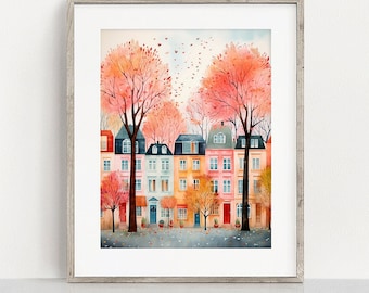 A Little Town in Autumn Print, Cute Little Houses and Autumnal Trees, Fall Abstract Wall Art