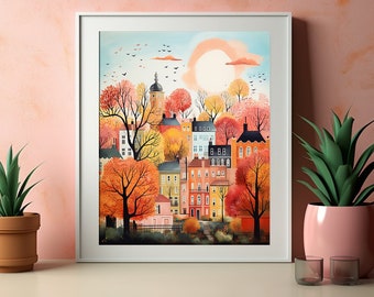 A Little Town in Autumn Print, Cute Little Houses and Autumnal Trees, Fall Abstract Wall Art