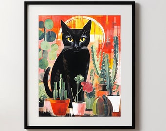 Black Cat Print, Cat and the Houseplants, Succulents Wall Art
