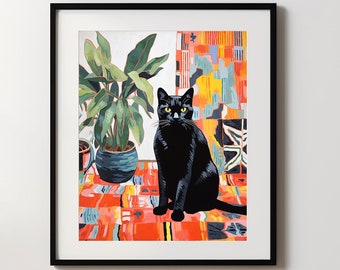 Black Cat Print, Cat on a Colourful Rug with Houseplants Wall Art